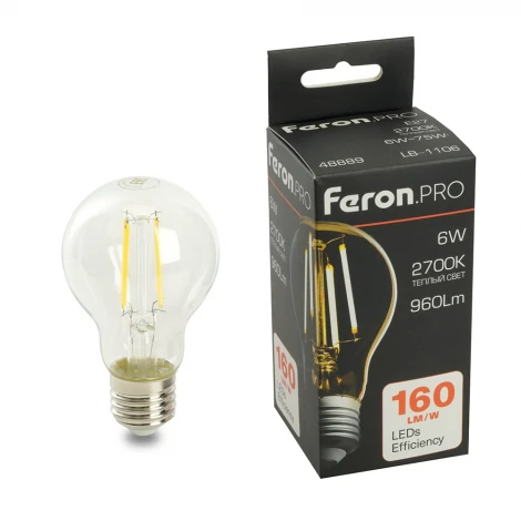 Лампа светодиодная филамент A60 шар 6W 175-265V E27 2700К Feron LB-1106 48889