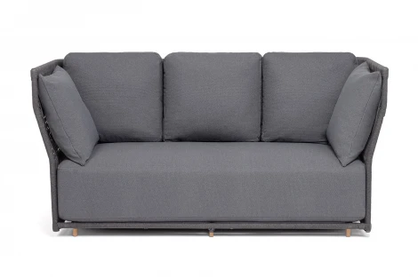 "Лугано" диван 3-местный плетеный из роупа, каркас алюминий темно-серый (RAL7024) муар, роуп темно-серый круглый, ткань темно-серая YB25-0027 4SIS арт.УТ-00009893