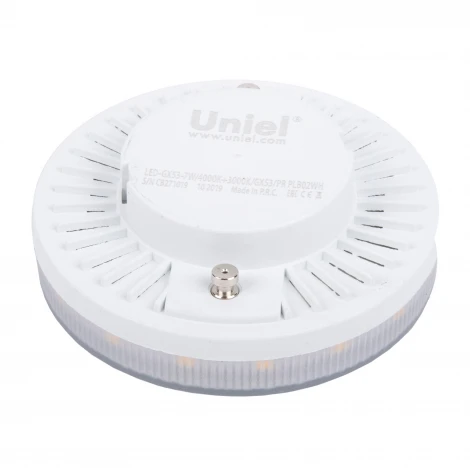 Лампочка светодиодная таблетка прозрачная GX53 7W 3000-4000K Uniel LED-GX53-7W/4000K+3000K/GX53/PR PLB02WH