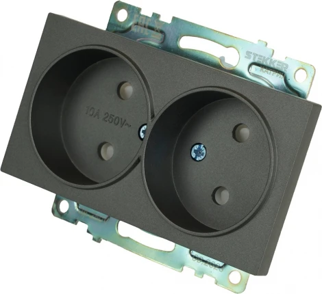 Розетка двойная без заземления со шторками (графит) Stekker Катрин 49421