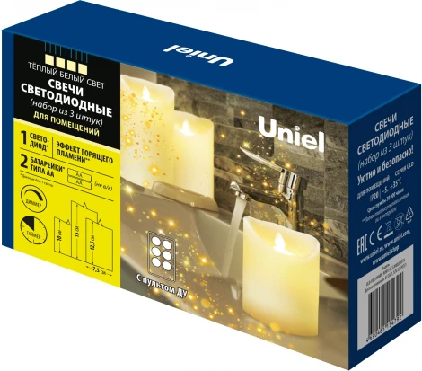 Декоративная свеча светодиодная с пультом на батарейках 2AA (комплект 3 шт.) ULD-F055 WARM WHITE RC CANDLE SET3 Uniel (свеча)
