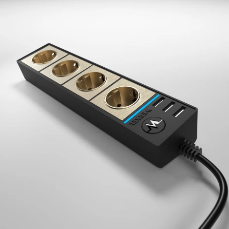 Розеточный блок 4-х местный + 3 USB черный/шампань рифленый W6514944 (a051462)