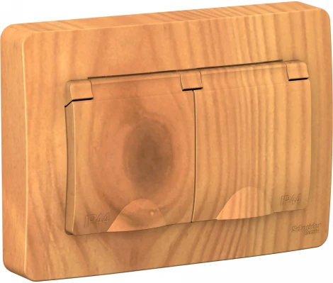 Розетка встраиваемая двойная с заземлением, шторками и крышкой (ясень) IP44 Systeme Electric Blanca BLNRS441125