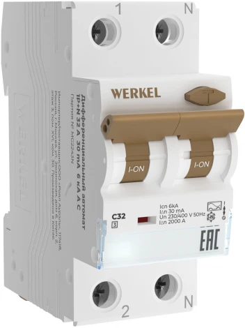 Дифференциальный автомат 1P+N 32 A 30 mА 6 kА C А Werkel W922P326 (a062571)