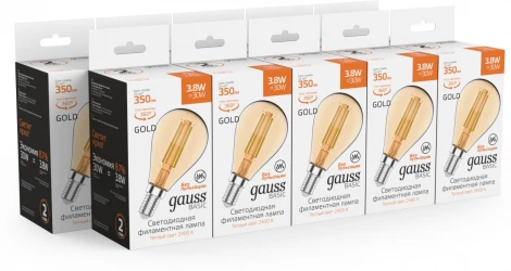 Лампочка светодиодная филаментная Gauss Filament 1057154 Шар 3,8W 350lm 2400К Е14 golden LED