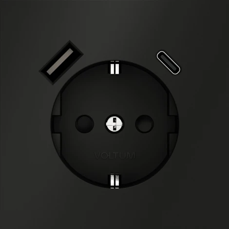 Розетка с заземлением, шторками и USB Type A+С (черный матовый) Voltum S70 VLS040508