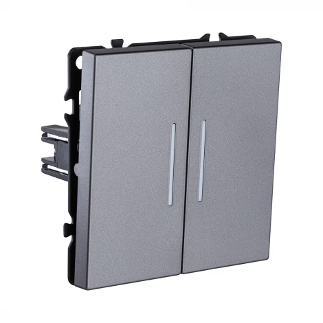 Выключатель 2-клавишный проходной 10А/250В с LED подсветкой, серый Kollinger Eclipse EC-011GY