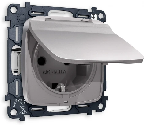 Комплект механизма Ambrella Volt электрической розетки OMEGA MO508010 Сталь матовый с заземлением с шторками и защитной крышкой 2P+E 16A-250V IP44 QUANT