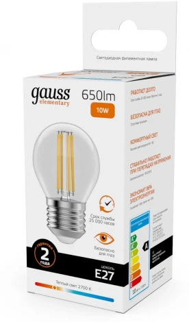 Лампочка светодиодная филаментная Gauss Filament Elementary 52210 Шар 10W 650lm 2700К Е27 LED