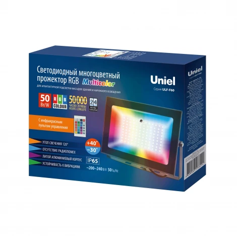 Прожектор уличный светодиодный мультиколор с ПДУ черный Uniel ULF-F60-50W/RGB IP65 200-240В BLACK N1