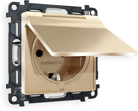Комплект механизма Ambrella Volt электрической розетки ALFA MA608010 Шампань с заземлением с шторками и защитной крышкой 2P+E 16A-250V IP44 QUANT
