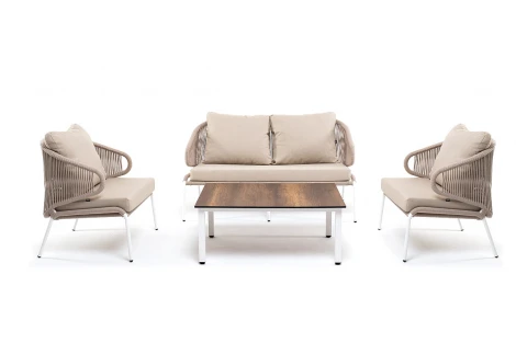 Лаунж-зона 4-местная плетеная из роупа (веревки), каркас алюминиевый белый, роуп бежевый 4SIS Милан MILS2C2TJ-4-SET biege