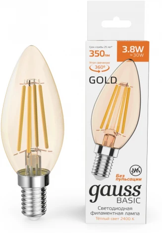 Лампочка светодиодная филаментная Gauss Filament 1037154 Свеча 3,8W 350lm 2400К Е14 golden LED