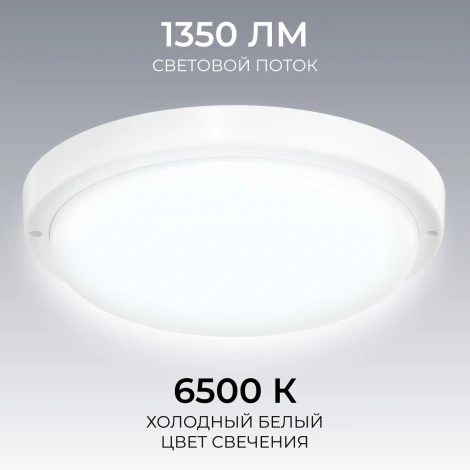 Настенно-потолочный светильник светодиодный герметичный 18Вт 1350лм 6500К IP65 круг, белый OGM О28-10