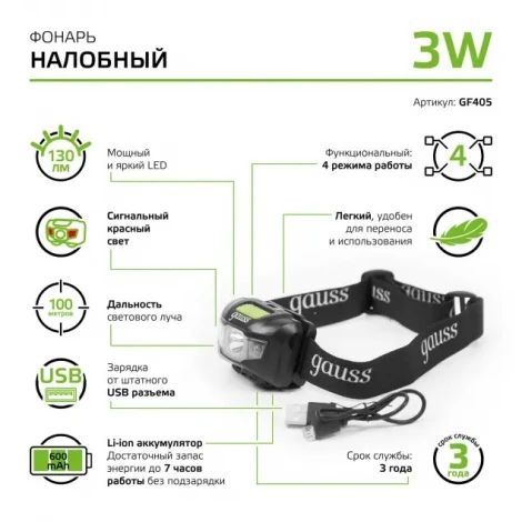 Налобный фонарь Gauss GF405