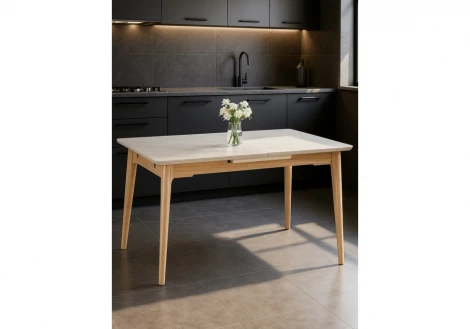 Кухонный стол Woodville Halmar 140(180)x80 белый спеченный камень / светлое дерево