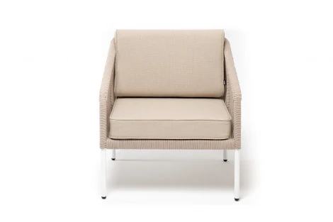 "Канны" кресло плетеное из роупа, каркас алюминий белый муар, роуп бежевый круглый, ткань бежевая 15052 4SIS арт.УТ-00009982