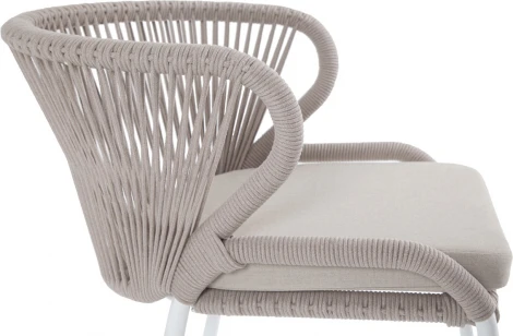 "Милан" стул плетеный из роупа, каркас алюминий белый муар, роуп бежевый круглый, ткань бежевая 052 4SIS арт.УТ-00008596