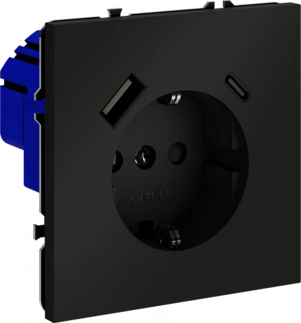 Розетка с заземлением, шторками и USB Type A+С (черный матовый) Voltum S70 VLS040508