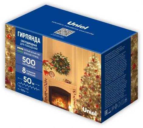 Гирлянда светодиодная. 50м. 500 светодиодов. Теплый белый свет. ULD ULD-S5000-500/DGA WARM WHITE IP20 Uniel