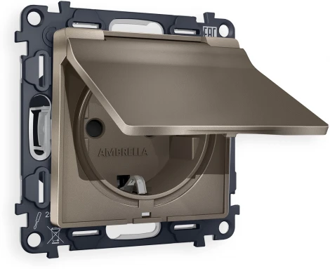 Комплект механизма Ambrella Volt электрической розетки ALFA MA638010 Темная бронза матовый с заземлением с шторками и защитной крышкой 2P+E 16A-250V IP44 QUANT