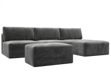 Диван угловой модульный с пуфом Лига-060 НПБ Лонг угол универсальный (ЛДСП,Брус,Фанера/Пластик/Велюр/Серый) Лига Диванов 129515