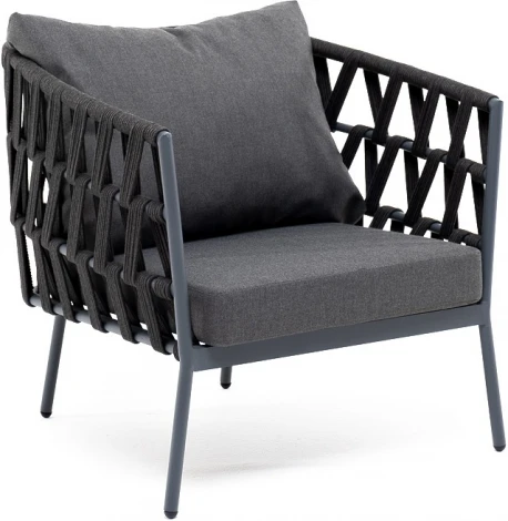 "Диего" кресло плетеное из роупа, каркас алюминий темно-серый (RAL7024) муар, роуп темно-серый круглый, ткань темно-серая 027 4SIS арт.УТ-00006829