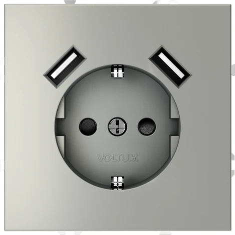 Розетка с заземлением, шторками и USBх2 (сталь) Voltum S70 VLS040405