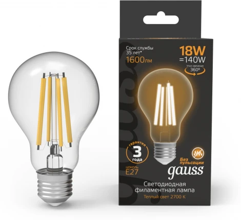 Лампочка светодиодная филаментная Gauss Filament 102902118 А60 18W 1600lm 2700К Е27 LED