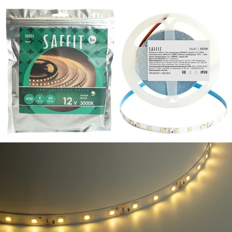 Лента светодиодная Saffit SST01 55237 60SMD(2835)/m 6Вт/м 12V 5000*8*1.22мм 3000K, IP20