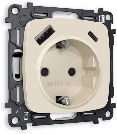 Комплект механизма Ambrella Volt электрической розетки OMEGA MO330010 Бежевый матовый 2USB A+C 20W быстрая зарядка с заземлением со шторками 2P+E 16A-250V QUANT