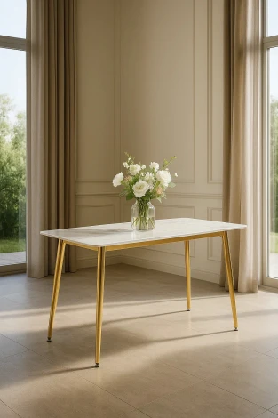 Стол обеденный Рио Голд DT-2849, 140х80х76 см, белый мрамор Статуарио/глянцевое золото