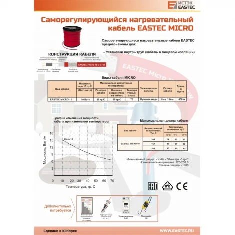 Саморегулирующийся греющий кабель EASTEC MICRO 10-CTW, SRL10-2 CR