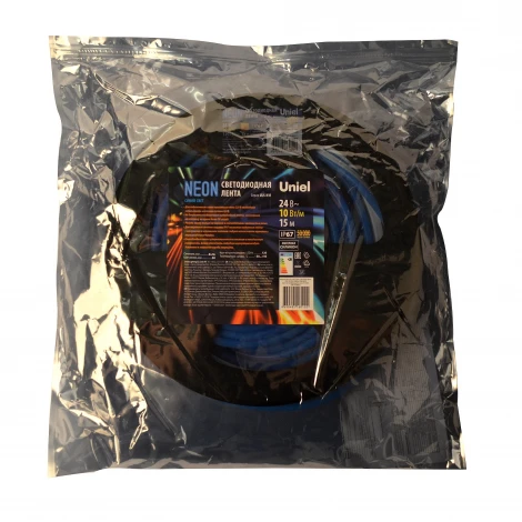Светодиодная гибкая герметичная лента катушка 15м синий свет Uniel Neon ULS-N11-2835-120LED/m-8mm-IP67-DC24V-10W/m-15M-BLUE катушка в герметичной упаковке