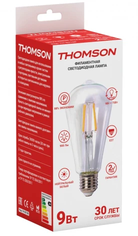 Лампочка светодиодная филаментная прозрачная груша E27 9W Thomson St64 TH-B2108