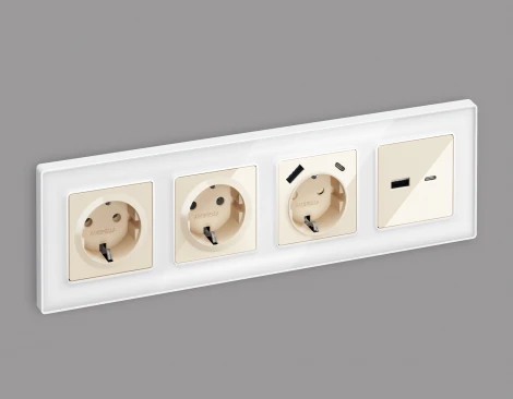 Комплект механизма Ambrella Volt розетки ALFA MA311010 Бежевый глянец 2USB A+C 20W быстрая зарядка QUANT