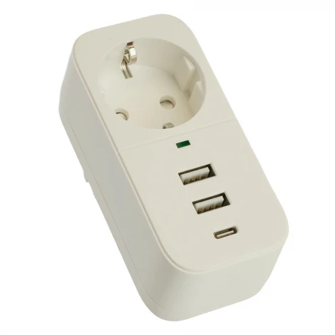 Сетевой фильтр одноместный с заземлением 2хUSB Type A+C (белый) Stekker Nova 50142