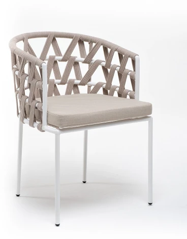 "Диего" стул плетеный из роупа, каркас из стали белый муар, роуп бежевый круглый, ткань бежевая 052 4SIS арт.УТ-00008308