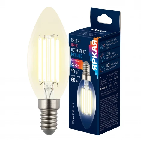 Лампа светодиодная, прозрачная, теплый белый свет 3000K Uniel Яркая A++ LED-C35-4W/3000K/E14/CL GLY01TR