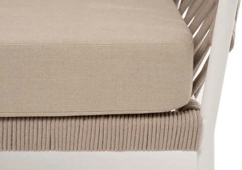 "Диего" диван 2-местный плетеный из роупа, каркас алюминий белый муар, роуп бежевый круглый, ткань бежевая 052 4SIS арт.УТ-00008594