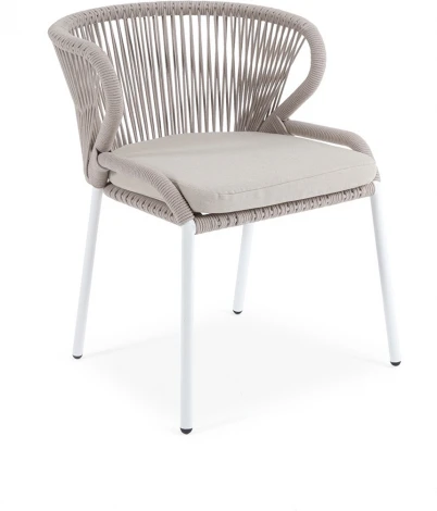 "Милан" стул плетеный из роупа, каркас алюминий белый муар, роуп бежевый круглый, ткань бежевая 052 4SIS арт.УТ-00008596