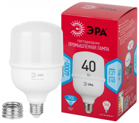 Лампочка светодиодная E27 с переходником на E40 40W ЭРА LED POWER T100-40W-4000-E27 с переходником на E40/E40 R