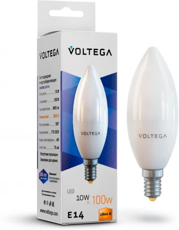 Лампочка светодиодная груша белая колба E14 10 Вт 880 lm 2800K теплое желтое свечение Voltega Simple 7064