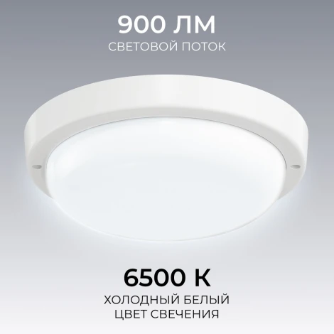 Настенно-потолочный светильник светодиодный герметичный 12Вт 900лм 6500К IP65 круг, белый OGM О28-06