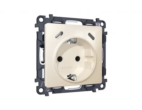 Комплект механизма электрической розетки с заземлением с 2хUSB Type-C встраиваемый (бежевый глянец) Ambrella Volt QUANT MA310510