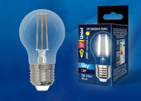 Лампочка светодиодная шар прозрачная E27 11W 3000K Uniel LED-G45-11W/3000K/E27/CL PLS02WH