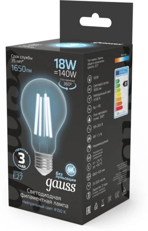 Лампочка светодиодная филаментная Gauss Filament 102902218 А60 18W 1650lm 4100К Е27 LED
