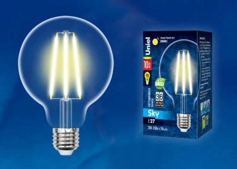 Лампочка светодиодная шар прозрачная E27 10W 3000K Uniel LED-G95-10W/3000K/E27/CL PLS02WH