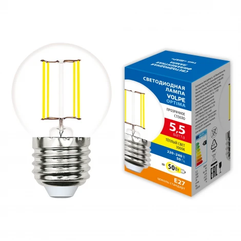 Лампа светодиодная, форма "шар", прозрачная, теплый белый свет 3000K Volpe Optima Филамент LED-G45-5,5W/3000K/E27/CL/SLF