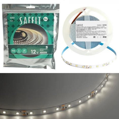 Лента светодиодная Saffit SST01 55238 60SMD(2835)/m 6Вт/м 12V 5000*8*1.22мм 4000K, IP20